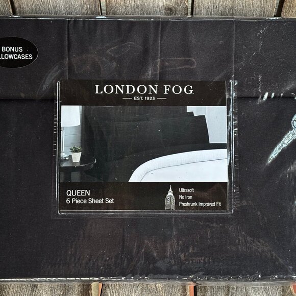 6-pc London Fog QUEEN SIZE Sheet Set SOLID BLACK (2 XTRA PC's) - Picture 3 of 4
